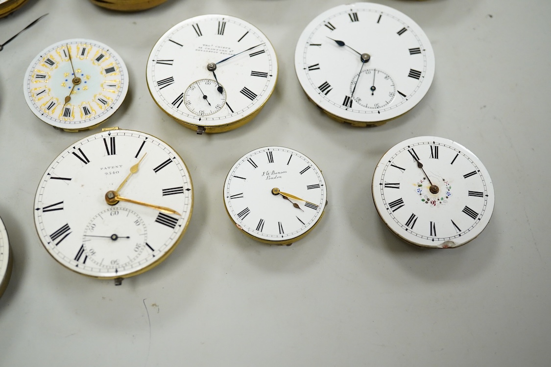 A small quantity of assorted mainly 19th century pocket and fob watch movements including Thomas Crispe of Bravington Sq. W. Lockwood of Huddersfield and William Flowers of London.